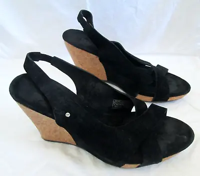 UGG HAZEL High Black Suede Slingback Cork Wedge Sandals. 8 • $28.99