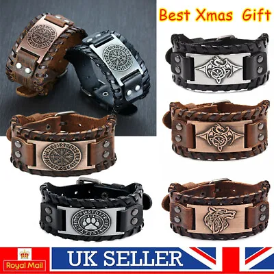 £5.99 • Buy Mens Viking Wide Genuine Leather Vegvisir/Mjolnir/Dragon/Wolf Wristband Bracelet