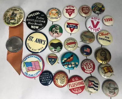 Mixed Lot Antique  & Vintage Pinback Buttons Religious Dogs WWII Era YMCA Santa • $19.95