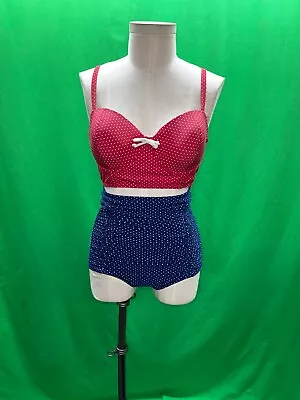 Unique Vintage Swim Large Red White Blue Top & High Waisted Bottom Bikini • $59.68