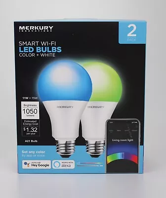 Merkury Innovations Dimmable 75W Equivalent Wi-Fi Smart Bulb Color (2 Pack) • $14.99