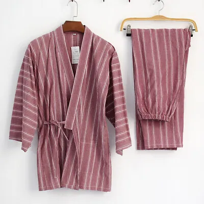 Men Japanese Kimono Pajama Sets Long Pants Striped Cotton Sleep Nightwear Casual • $39.45