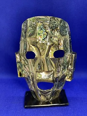 Abalone Mayan Mask With Black Onyx Base Aztec Mexico 7.25 Inch Hand Made • $35