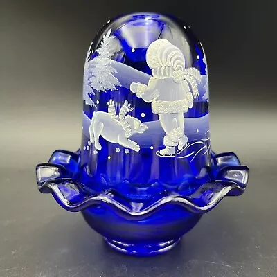 Fenton Glass Four Seasons Cobalt Blue Winter Skating Party Fairy Lamp Light • $239.19