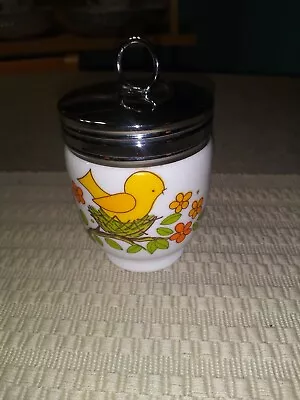 Vintage Mcm Yellow Bird In A Nest Milk Glass Egg Cup Holder W Chrome Lid OBO • $11.90