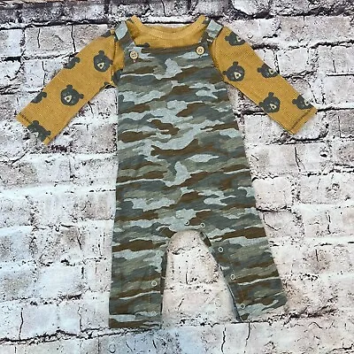 Mud Pie Camo Bear Long Sleeve Button Snap Overalls Two Piece Set Size 6-9 Months • $24.47
