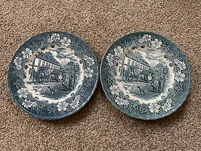 Pair Royal Tudor Ware Coaching Taverns Dinner Plates 25cm Blue /Teal Slough • £14.99