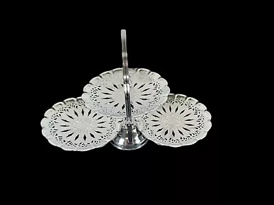 Vintage Folding 3 Tier Metal Tidbit Tray Platter MCM Lace Clamshell Filigree • $19.99