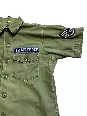 OG 107 OD Sateen Cotton Fatigue Shirt Vietnam War 1960 70s L USAF Patches • $39.99