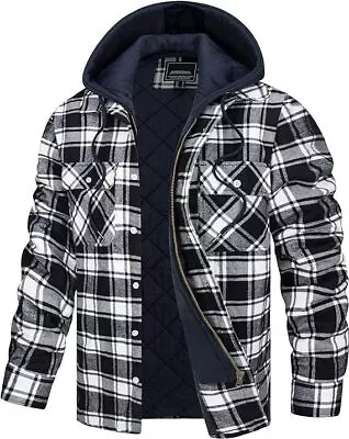 Men Shirt Jacket Hooded Lumberjack Jacket Quilted Fleece Hoodies Check • £59.99