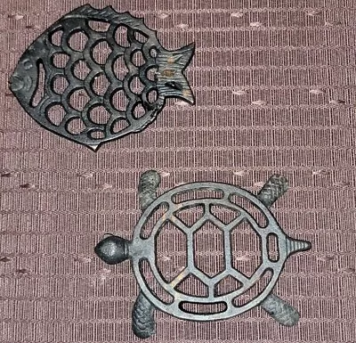 Vintage Lot Of 2 Cast Iron Trivets Turtle & Fish • $7.99