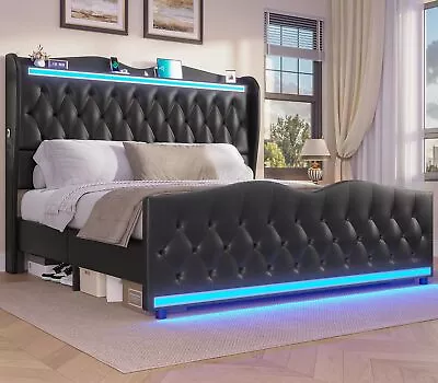 Full/Queen/King LED Bed Frame Upholstered Platform Bed With Wingback Headboard • $249.89