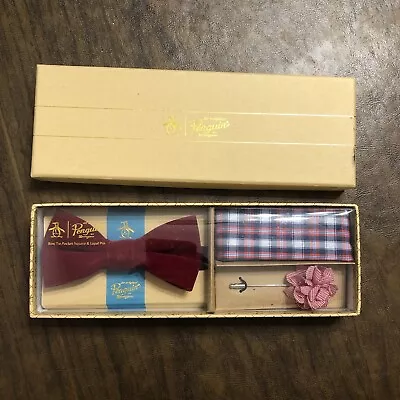 Original PENGUIN Red Velvet BOW TIE 3- Pc Set W Lapel Pin & Plaid Pocket Square • $23.95