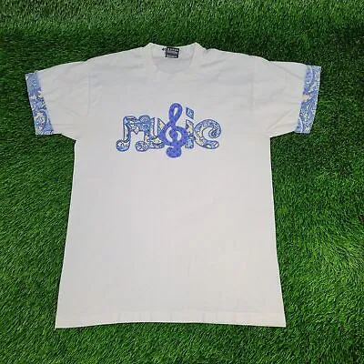 Vintage 90s Music Treble Clef Musical Note Shirt Medium White Blue Paisley Logo • $27.07
