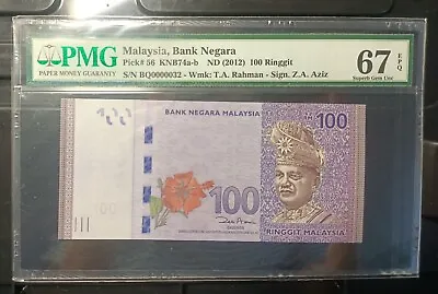 Malaysia Banknote Rm100 Pmg67epq Low Number Bq0000032 Zeti Gabenor • $118