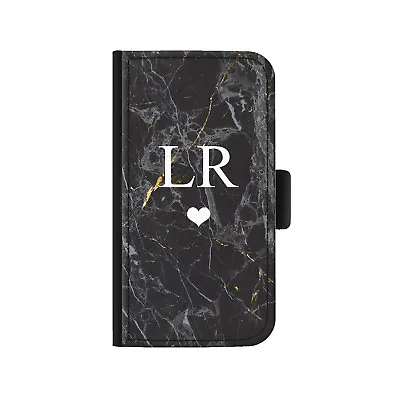 Personalised Initial Heart Phone Case;Black Marble PU Leather Flip Phone Cover • $56.84