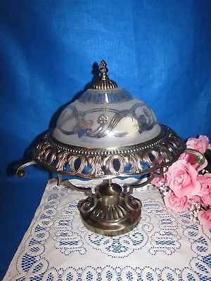 Metal Desk Table Lamp Frosted Flower Dome Glass Shade 15”brushed Nickel 2 Lights • $39.95