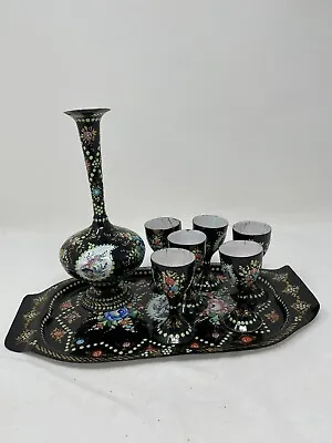 Vintage Minakari Hand Painted Black Enameled Metal Plate Vase 6 Cups • $59.99