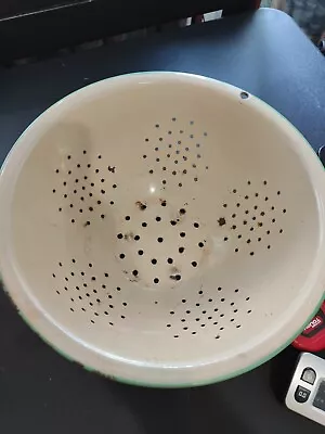 Vintage Enamel Cream With Green Trim Farmhouse Colander Strainer Bowl • $1.99