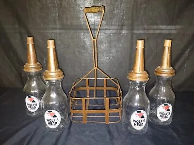 Vintage Set Of 4 Wolf's Head 1qt Glass Motor Oil Gasoline Bottle In Carrier  • $199.99