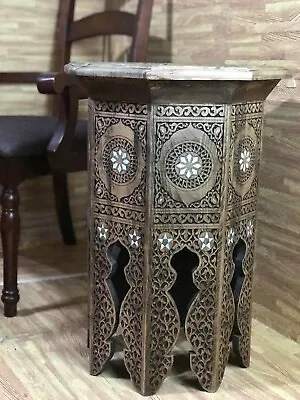 Unique Syrian Moroccan Hand Carved Side Table Walnut Wood Mother Of Pearl Inlaid • $799