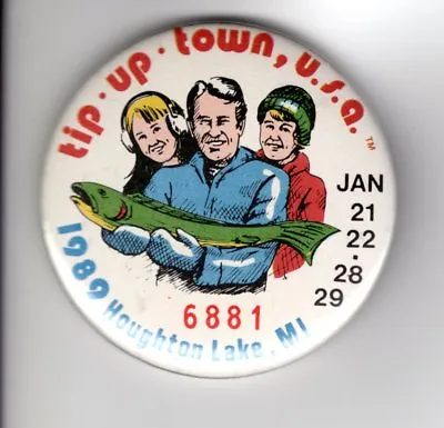 1989 Tip Up Town Badge Pin Pinback-michigan Dnr Deer Bear Fishing Patch License • $4.99