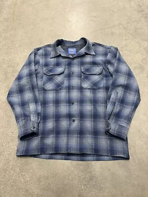 Pendleton Loop Flap Shadow Plaid Men Medium Blue Wool Flannel Long Sleeve Button • $89.95