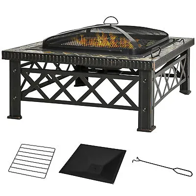 Outsunny 76cm Square Garden Fire Pit Square Table W/ Poker Mesh Cover Log Grate • £89.99