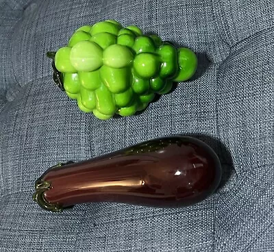 Vtg BLOWN GLASS FRUIT 2 Pc St     Eggplant*Grapes. Murano Style • $12