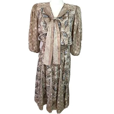 Vintage Diane Freis Womens Dress Beige Polyester Georgette Elastic Waist Scarf • $85.68