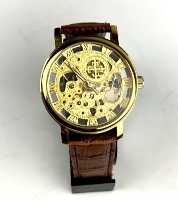 Shu Hang Men's Gold Tone Mechanical Skeleton Watch Glass Hand Wind Beauty! • $49.95