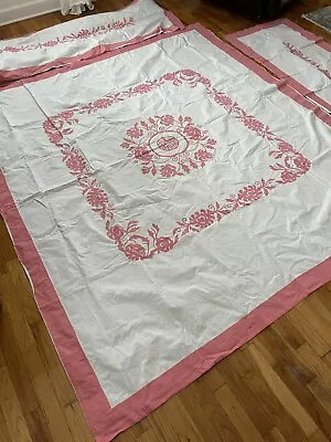 Vintage Hand Quilted Pink  & White Hawaiian Applique Quilt  Summer Topper 3 Pc • $349