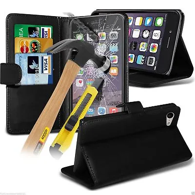 Black Leather Card Slot Wallet Flip Phone Case Cover✔Glass Screen Protector • £7.95