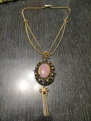 Vintage Faux Opal Rhinestone Gold Tone Filigreee Drop Pendant Tassel Necklace • $75