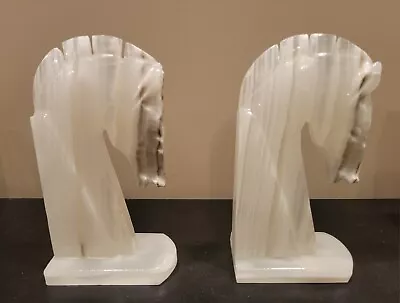 Vintage Onyx Stone White And Gray Horse Head Bookends 7.5  Tall • $25