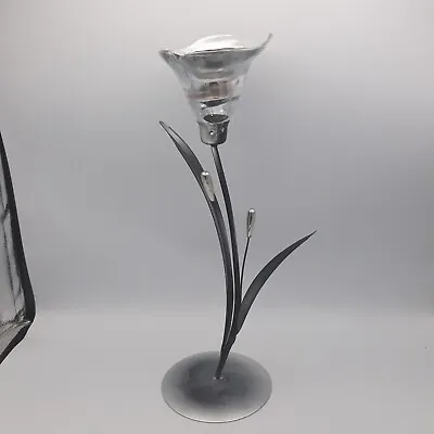 Tall Metal & Glass Calla Lily Flower Candle Holder Silver And Black Ornament • £18