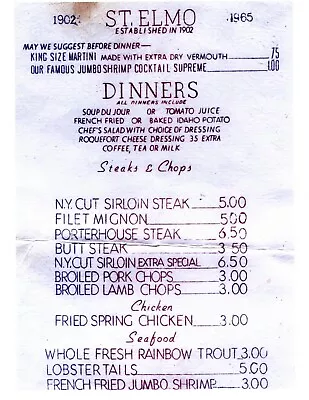 St. Elmo Steak House Indianapolis Restaurant  Menu 8.5x11 Glossy Reprint Vintage • $5.95