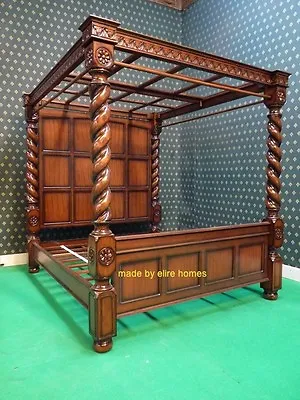 STOCK ~ UK KING Four Poster Canopy Jacobean Twisted Column Mahogany Tudor Bed • $5683.28