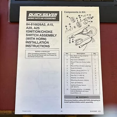 Mercury Outboard 1993 84-816626a15 IGN Wiring Harness Instruction Booklet • $4