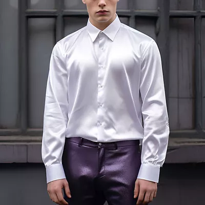 Mens Tops Satin Silk Shirt Men Luxury Dancing Solid Glossy Dress Wedding Casual • £17.27