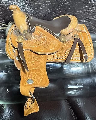 Vintage Painted Flower Tooled Leather Horse Saddle Miniature Child's 4.25  • $25