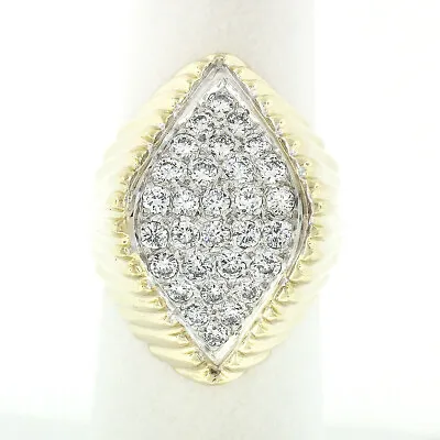 Vintage 14k Gold 1.20ct Pave Round Diamond Scalloped Sides Large Cocktail Ring • $1439.20