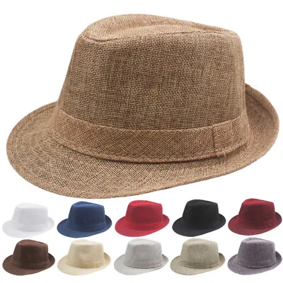 Men Women Summer Straw Fedora Hat Trilby Cuban Sun Cap Panama Short Brim AU • $10.57