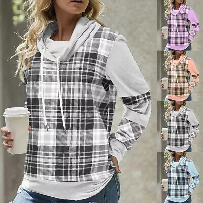 Women Plaid Check Hooded Sweatshirt Ladies Hoodies T-Shirt Tops Blouse Size UK • £12.99