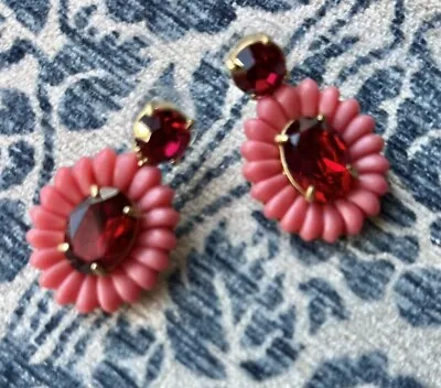 J Crew Coral Red Pink Resin Crystal Oval Stone Drop Floral Beaded Earrings • $19.19