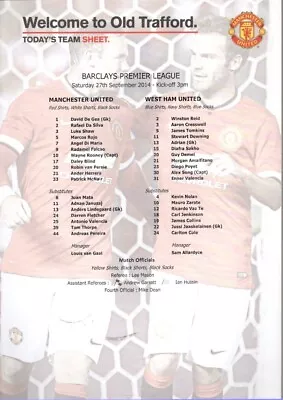 Team Sheet - Manchester United V West Ham 27.9.2014 • £2.99