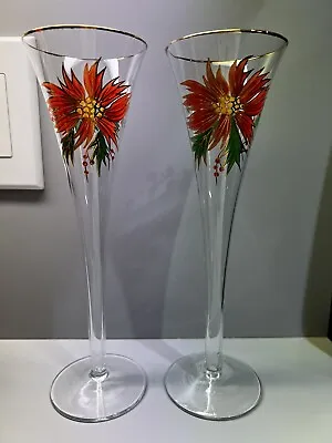 $21.95 • Buy Vintage Poinsettia Champagne Flutes Hand Painted Christmas 