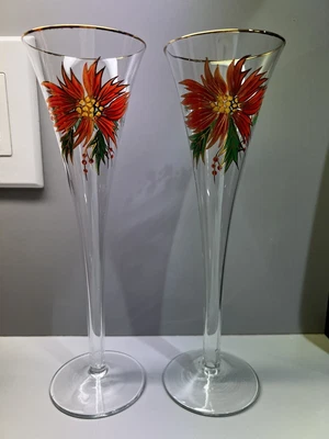 $21.95 • Buy Vintage Poinsettia Champagne Flutes Hand Painted Christmas 