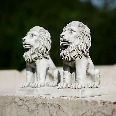 NEW Pair Of Stone Effect Garden Lions Ornaments Statues Sculptures Decor Outdoor • £10.99