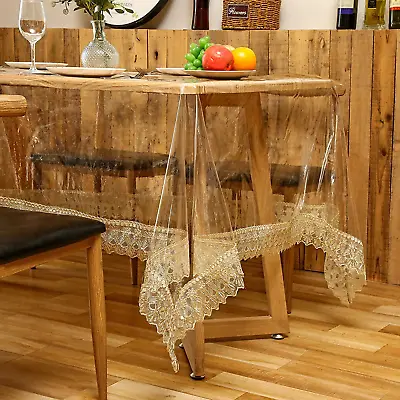Clear Plastic Table Cover Protector Transparent PVC Vinyl With Gold Lace For Din • £51.69